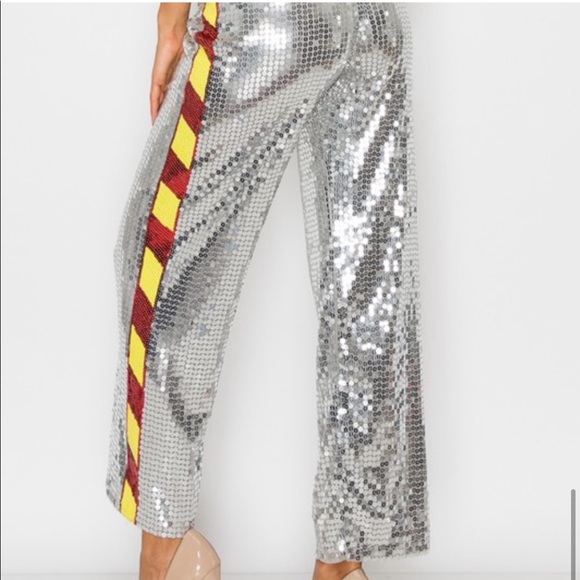 π₯2x HPπ₯Silver Sequin Hazard Stripe Palazzo Pants - Picture 9 of 9